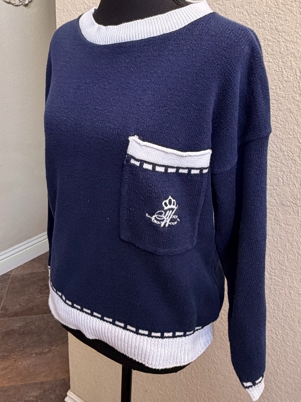 Classic Navy Crewneck Sweater with White Trim and Pocket - Women
